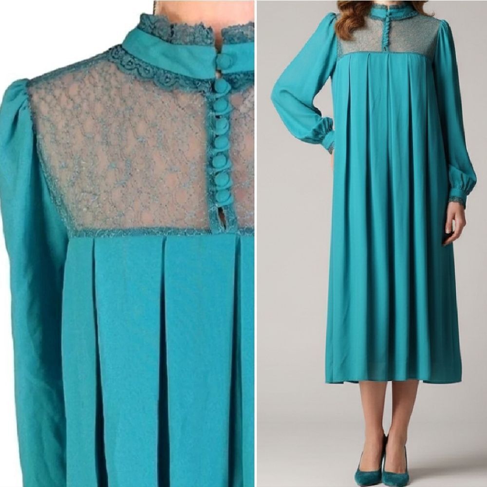 VTG Teal Satin Lace Detail Bishop Sleeve Midi Sheeth Dress *Fits as Large
